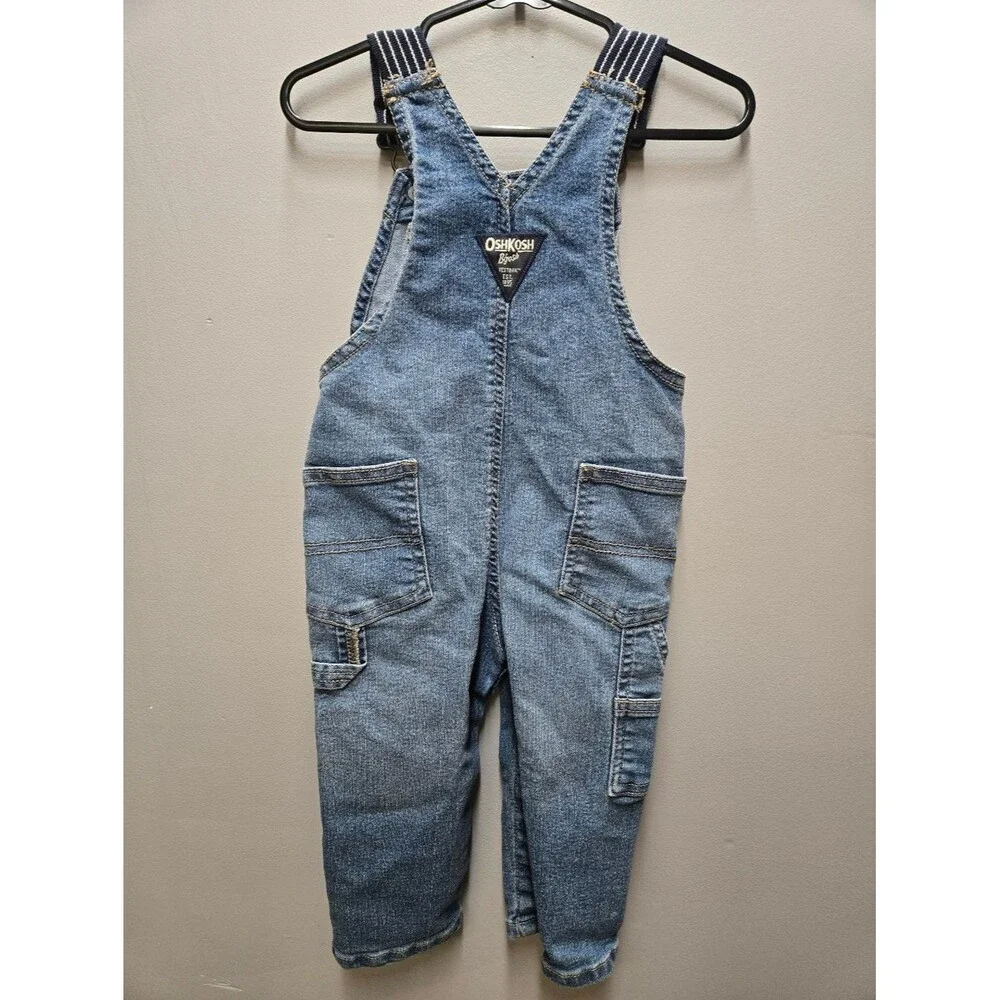 Oshkosh Overall Pants Striped Adjustable Straps Denim Jean Blue Toddler Boys 18m